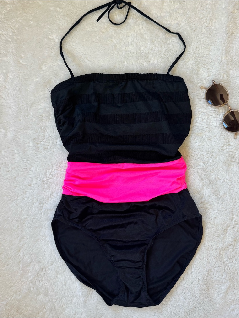 Vintage 1980s Black One-Piece Swimsuit with Hot Pink Waistband XS